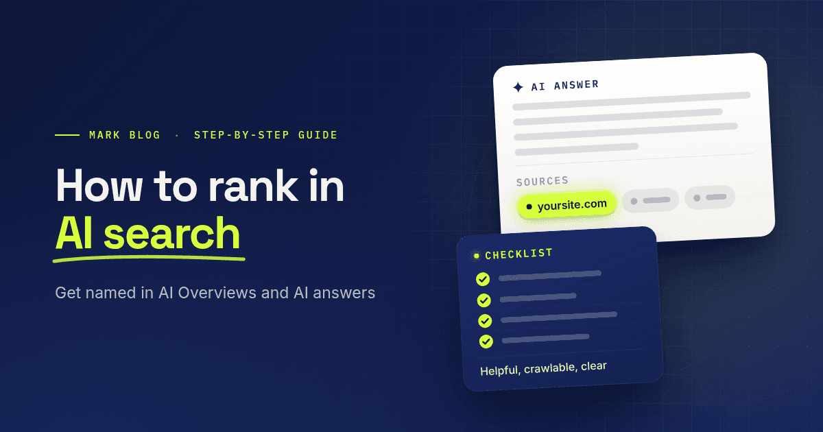 Navy and lime cover reading How to rank in AI search, with an AI answer card citing yoursite.com and a checklist card