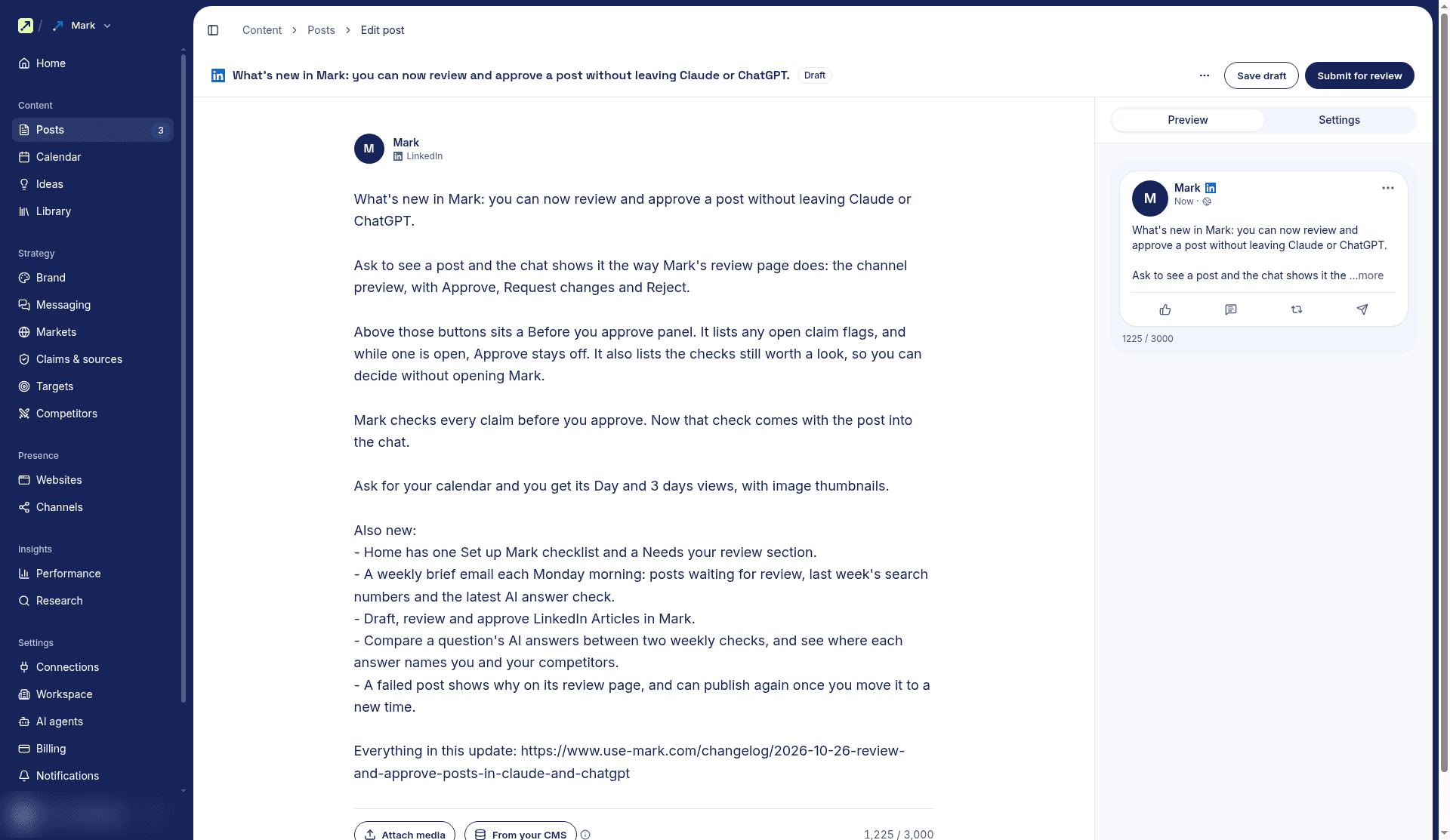 A What's new in Mark LinkedIn post draft open in Mark, with its channel preview
