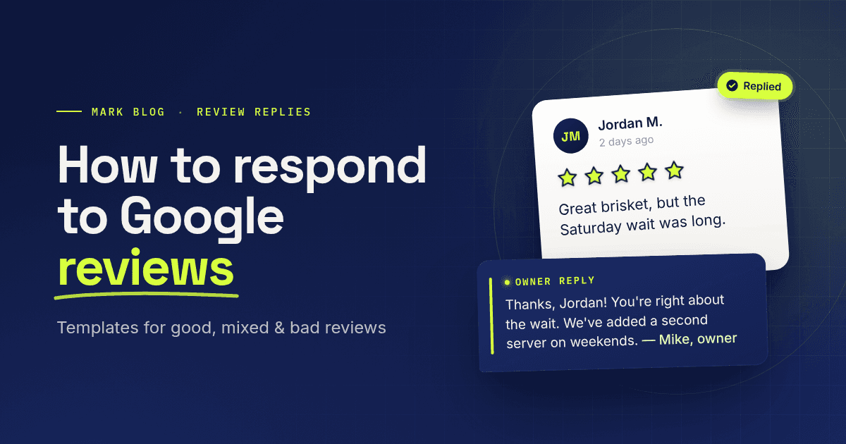 A five-star customer review card with an owner reply beneath it, next to the headline How to respond to Google reviews