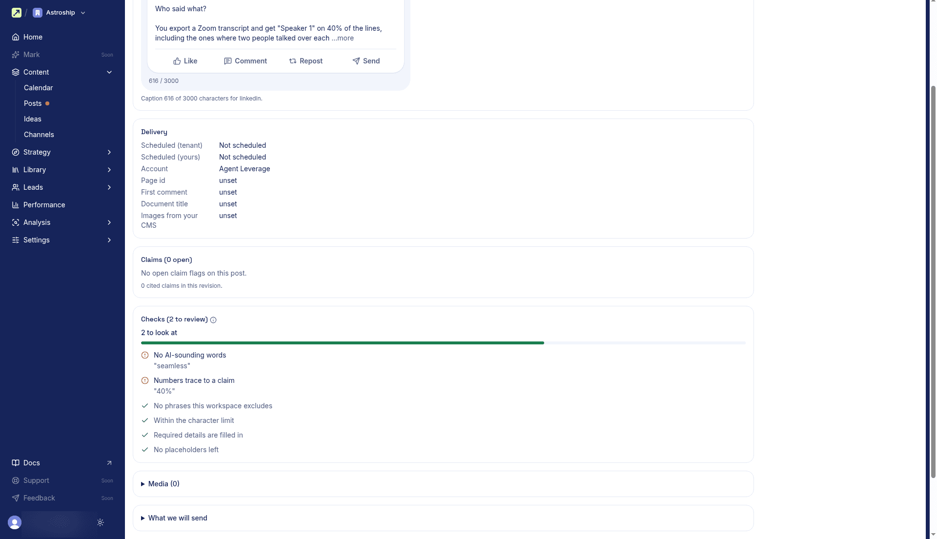 Review page for a LinkedIn post in review, with the Checks panel showing 2 to review: an AI-sounding word ("seamless") and a number no claim backs up ("40%")