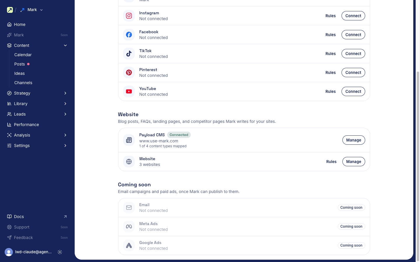 Mark Content > Channels page with the Payload CMS card marked Connected under Website