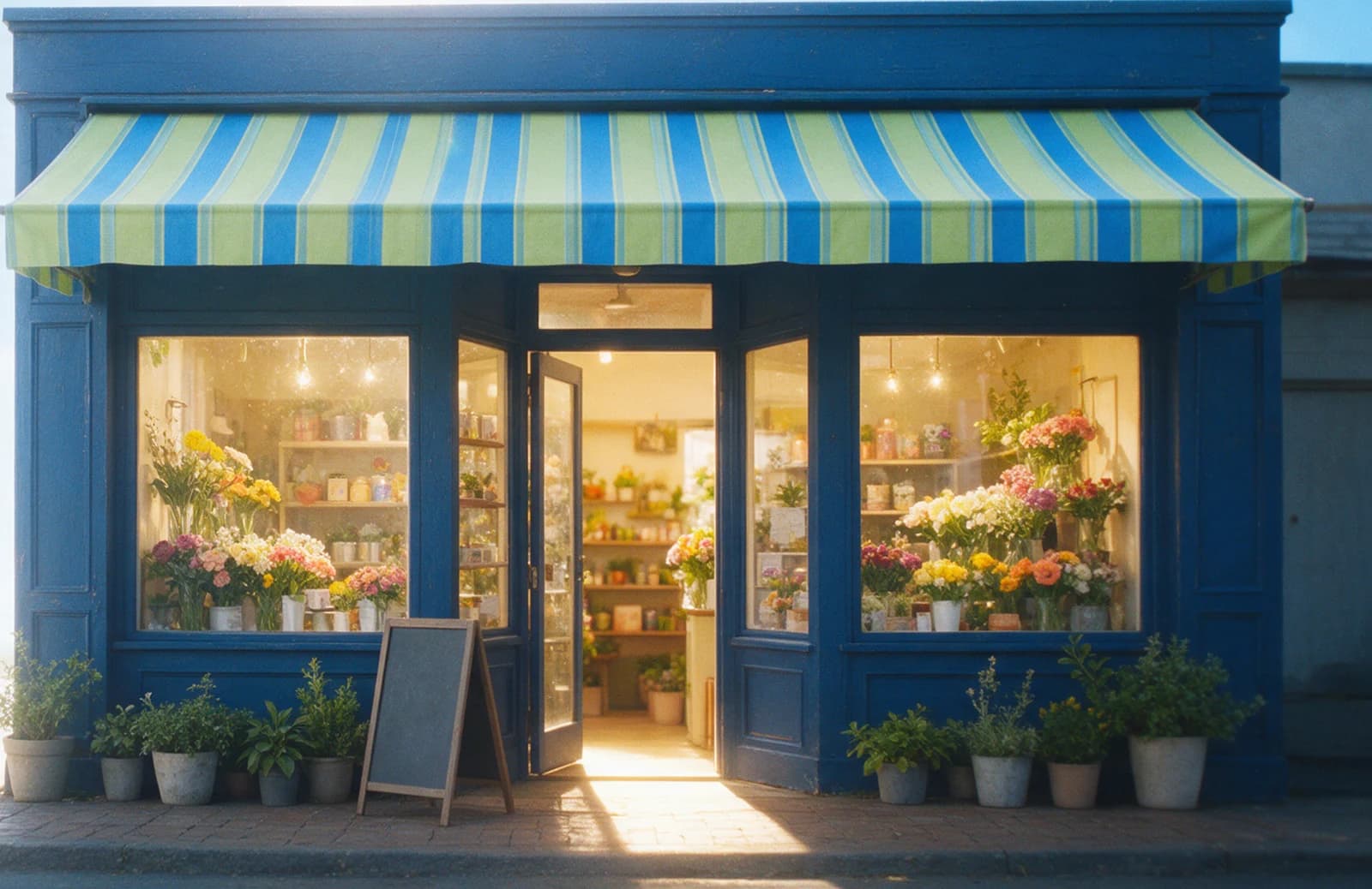 A small flower shop on a spring morning, its door open